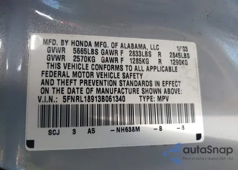 2003 Honda Odyssey Ex-L z USA, uszkodzony, nr VIN 5FNRL18913B061340